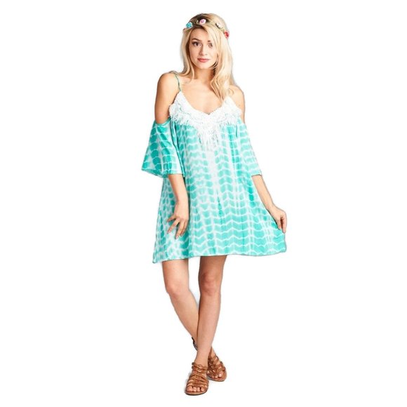 Velzera Tie Dye & Fringe Mini Dress, Mint - Picture 3 of 3